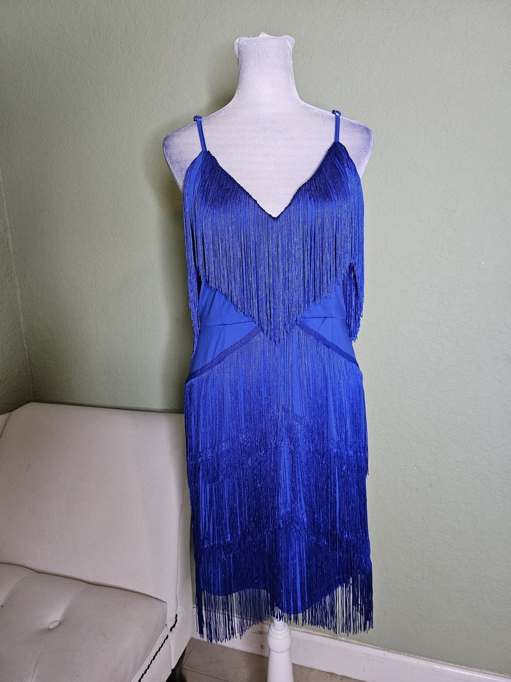Royal Blue Fringe Midi Dress with Spaghetti Straps